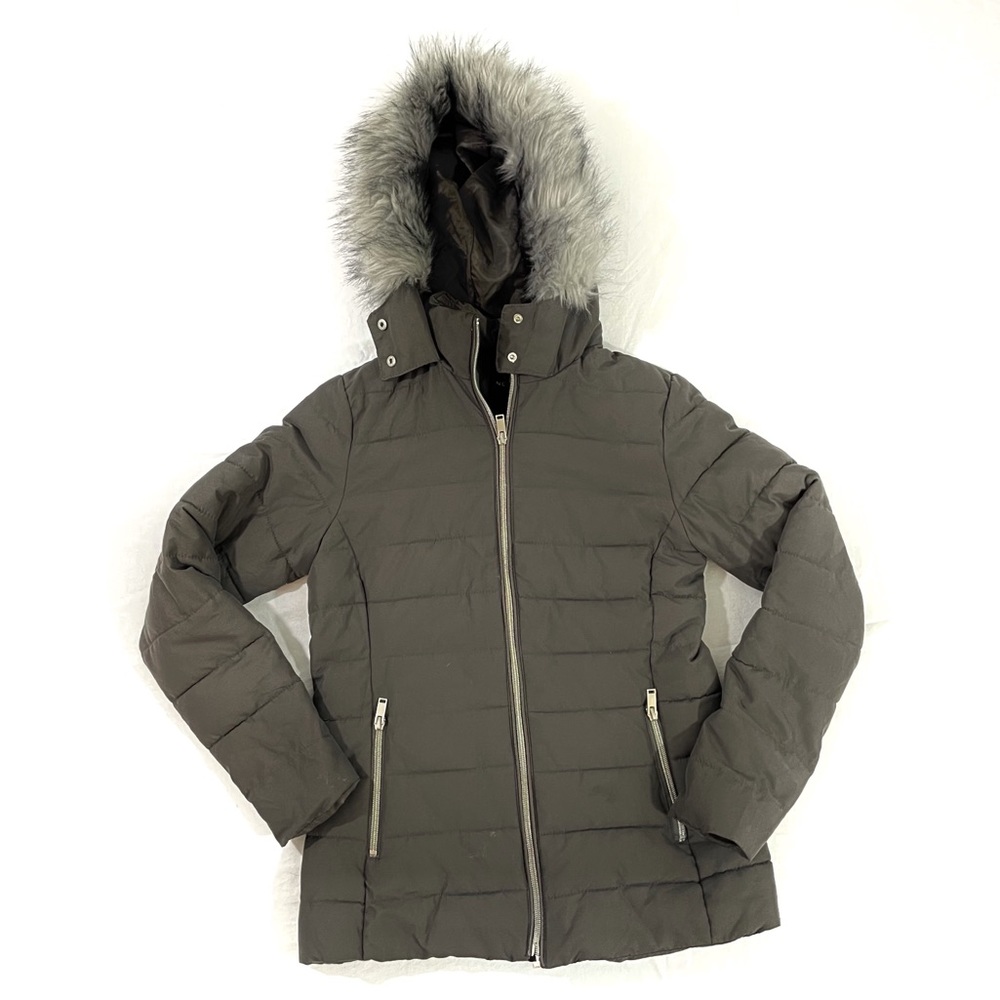 New Look Grey Quilted Fur Hoodie Zip Up Jacket